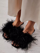 Fluffy Feather Single Band Square Toe Flat Slippers